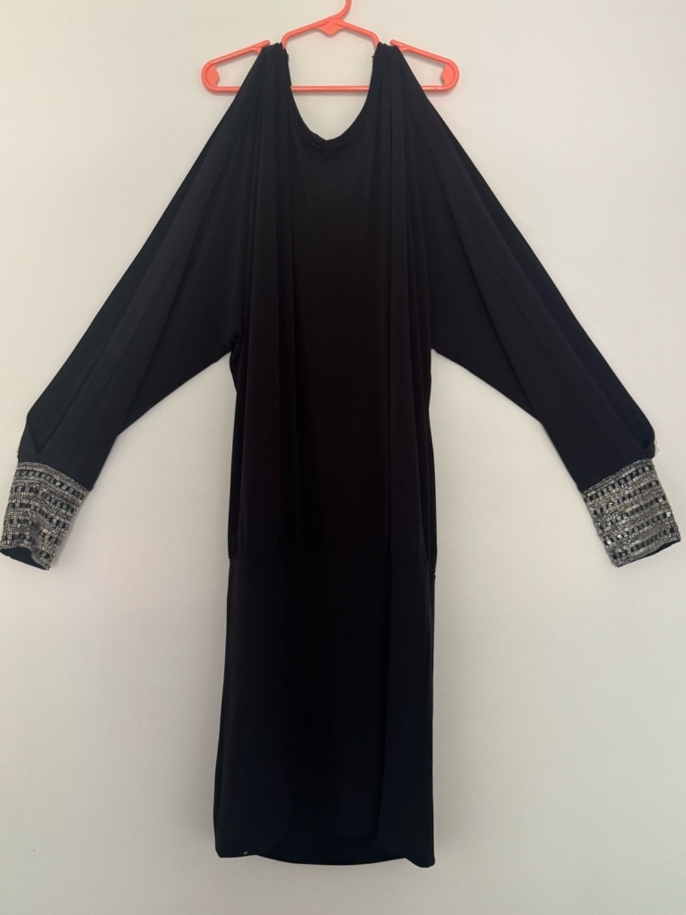 Moda International Black Tank Top/Draped Sleeve Dress w Beaded Cuffs & Open Back